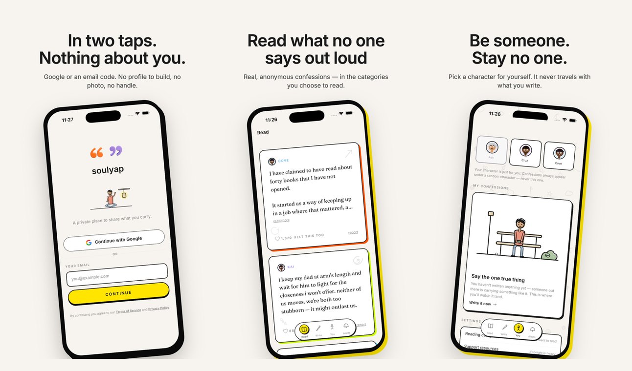 Three soulyap screens: sign-in that asks for nothing about you, the Read tab of anonymous confessions with a felt-this-too count, and the You tab where you pick a character that never travels with what you write