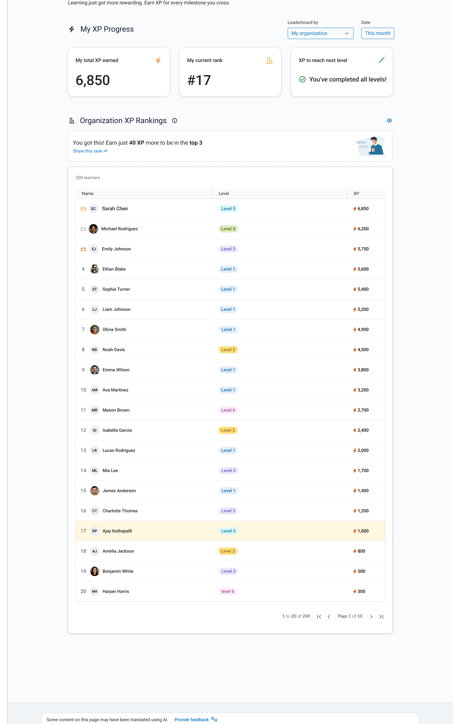 The leaderboard — your XP, rank and next level up top, a nudge when the top three is within reach, then the organisation's rankings with each person's level